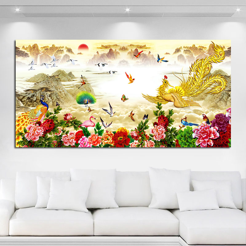 花开富贵金凤凰装饰画百鸟朝凤卧室挂画凤凰牡丹花鸟风景客厅贴画图片