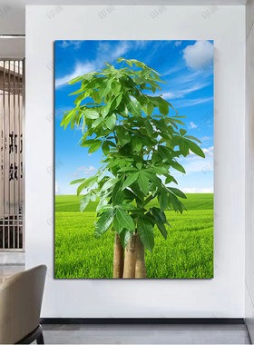 发财树招财树贴画入户玄关过道墙壁挂画一颗绿色小树海报自粘贴画