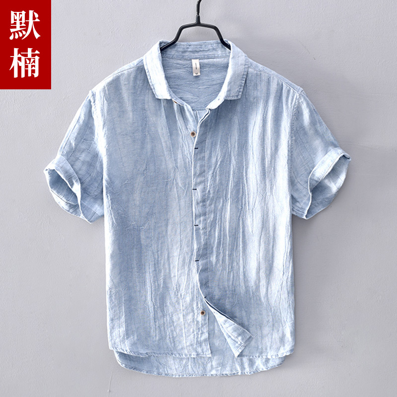 100%亚麻短袖方领衬衫男夏季新款压皱五分袖开衫青年透气麻料上衣