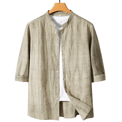 中式立领衬衫男士苎麻七分中袖上衣夏季薄款宽松透气棉麻休闲衬衣