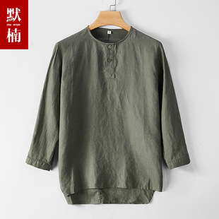 2026春夏100纯亚麻T恤男九分袖宽松中式棉麻圆领套头薄款麻料上衣