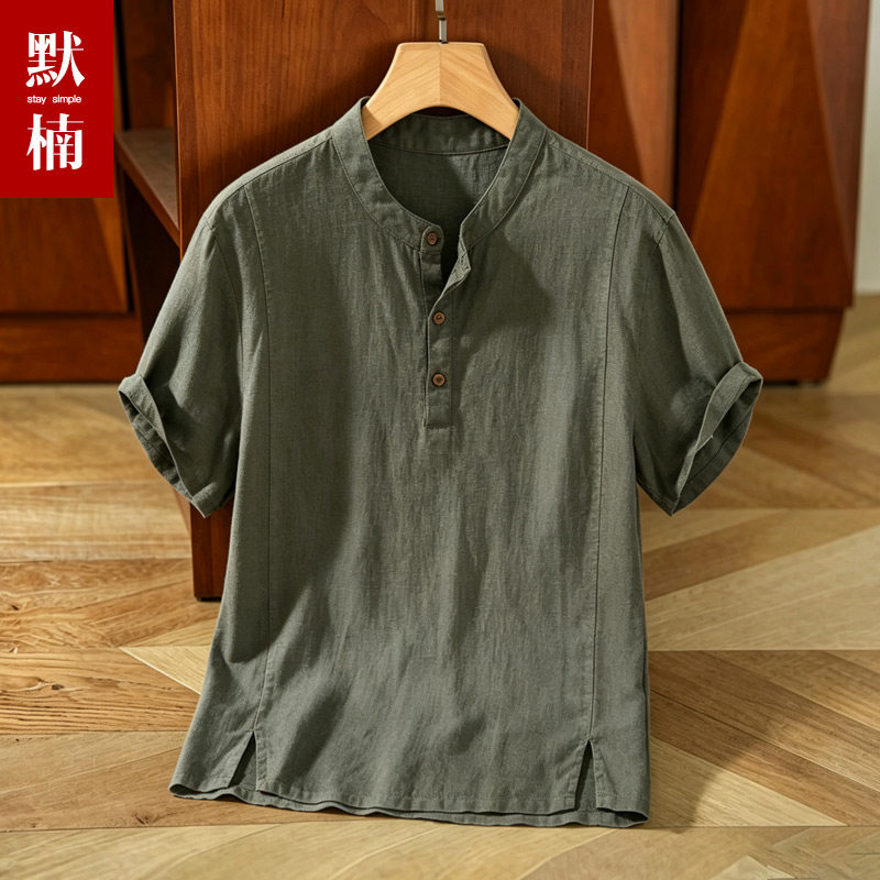 高端夏季薄款灰色亚麻短袖休闲T恤男士中国风立领衬衫棉麻上衣男