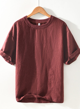 经典款纯亚麻短袖男士T恤夏季薄款休闲套头上衣青年圆领麻料体恤