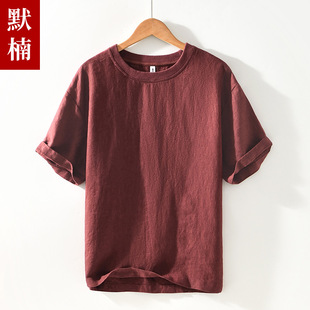 经典款纯亚麻短袖男士T恤夏季薄款休闲套头上衣青年圆领麻料体恤