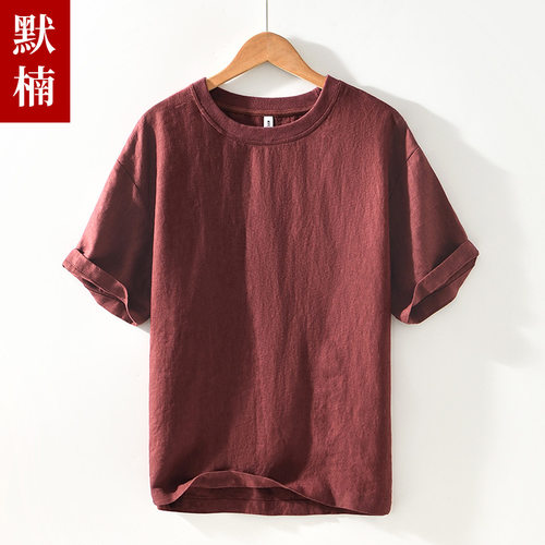 100%亚麻休闲圆领短袖T恤衫薄款