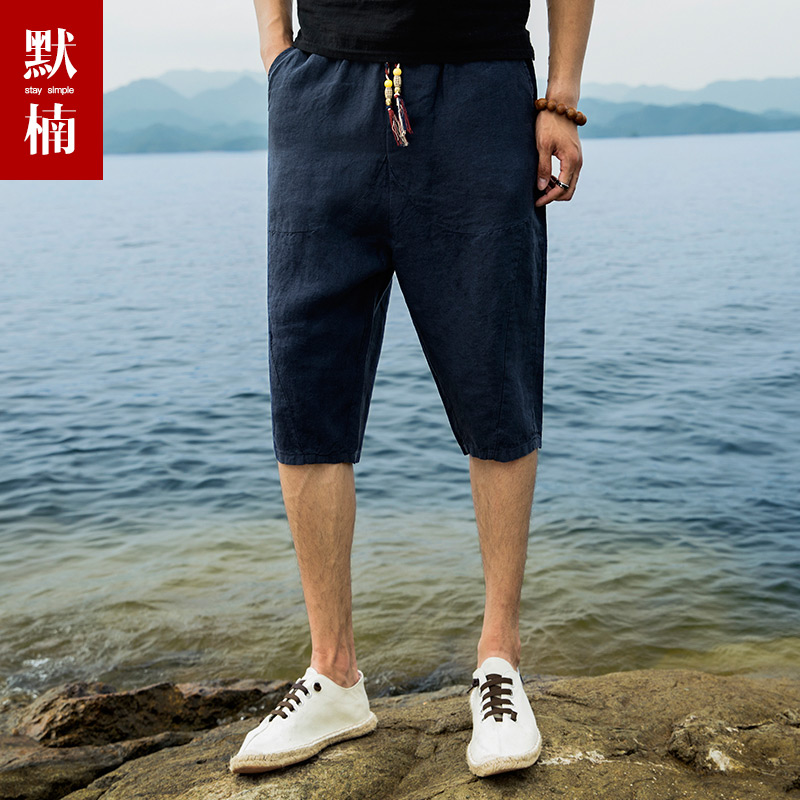 透气亲肤纯亚麻七分裤男装
