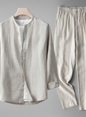 夏季男士纯亚麻套装复古中式两件套中青年薄款麻料透气休闲长裤子