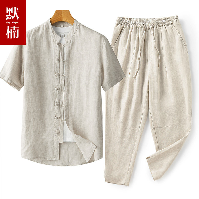 100%亚麻唐装男士短袖中国风夏季半袖薄款衬衫宽松九分裤两件套装