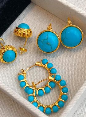 原矿绿松石小米珠镶嵌耳环轻奢耳钉女银时尚个性藏式大耳圈新款