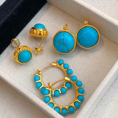 原矿绿松石小米珠镶嵌耳环