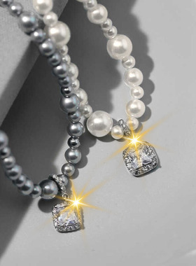 何家微醺气泡方糖蝴蝶结珍珠项链女轻奢设计感锁骨链个性颈链配饰