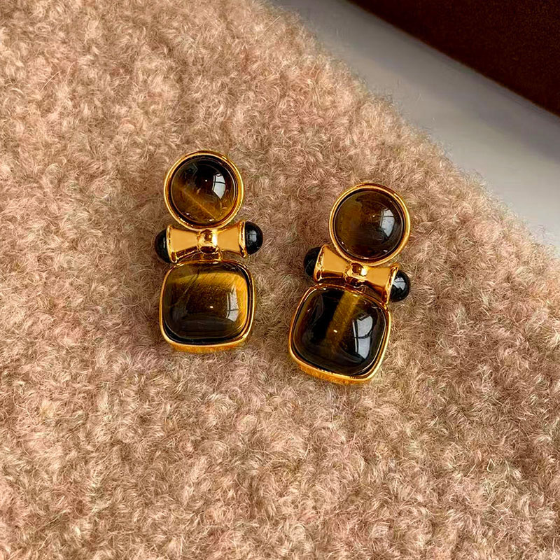 秋冬推荐~中古镶天然虎眼石几何耳坠法式复古轻奢高级感耳环