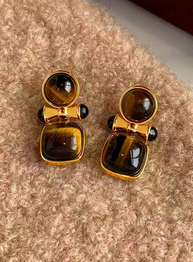 秋冬推荐~中古镶天然虎眼石几何耳坠法式复古轻奢高级感耳环