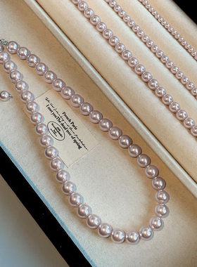 曼塔玫瑰紫珍珠项链女甜美淡粉仿海水串珠锁骨链高级感时尚百搭潮