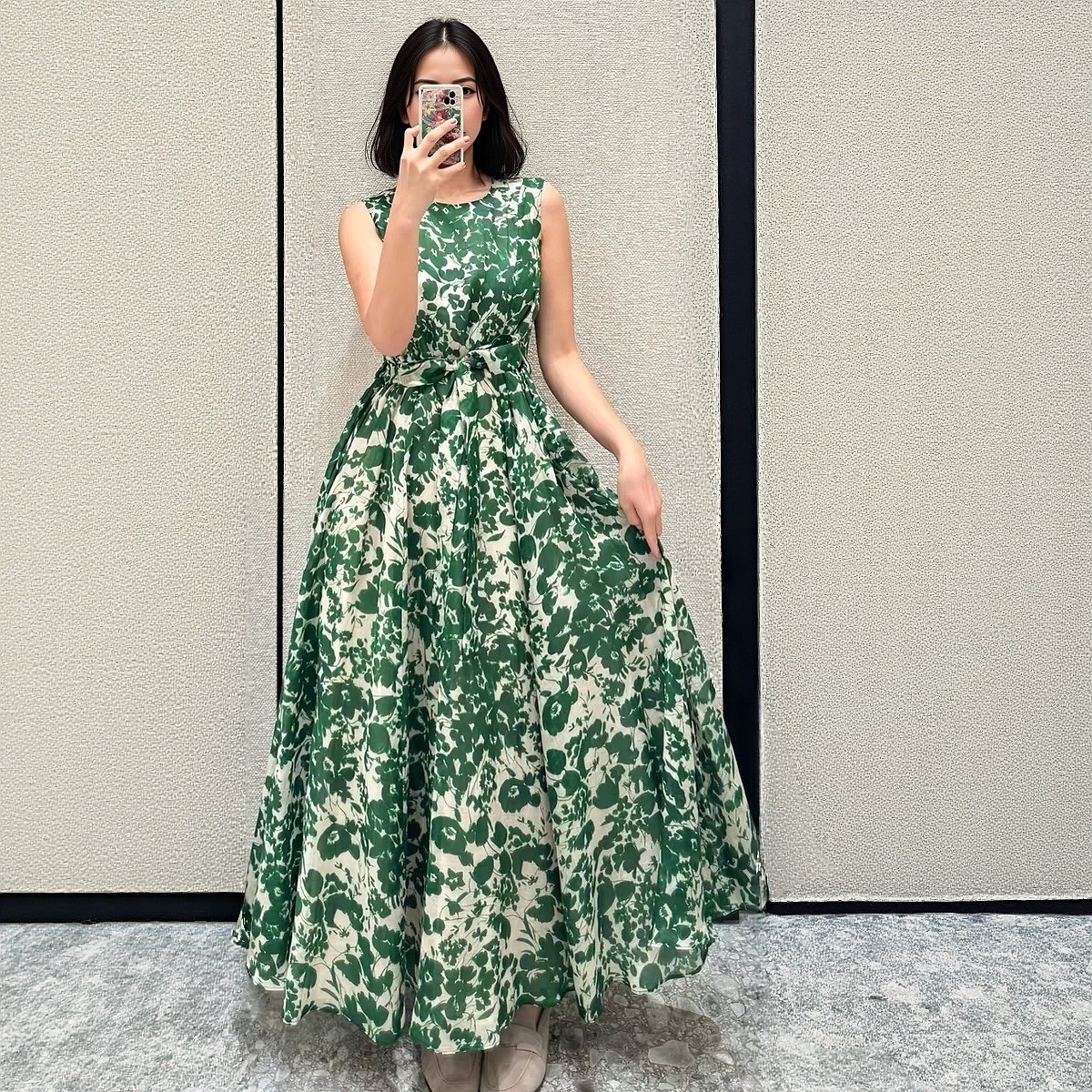 苎麻大廓摆显瘦无袖印花连衣裙女