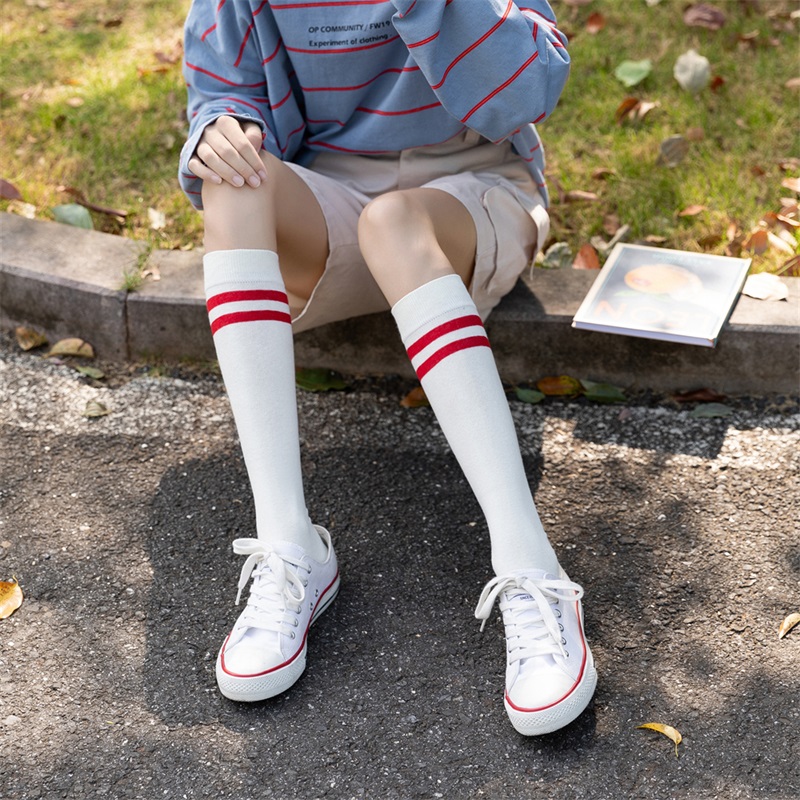 小腿袜女瘦腿ins潮日系两杠条纹韩国学院风运动中高筒长纯棉袜子