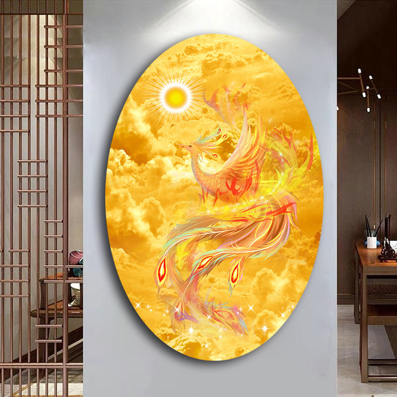 金牛金凤玄关装饰画树林泰山风景客厅贴画轻奢创意椭圆形过道壁画