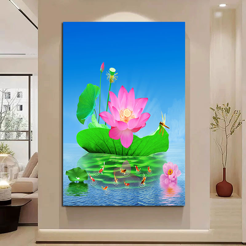 荷花净秽新中式海报荷叶九鱼聚财挂画佛堂中堂背景书房玄关壁贴画