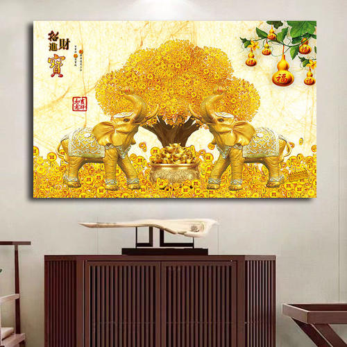 双象聚财福居宝象金玉满堂招财聚宝盆风水画佛堂背景墙发财树壁画