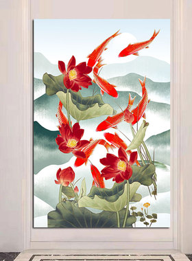 年年有余荷花九鱼装饰贴画书房实木卷轴挂画入户玄关锦鲤聚财壁贴