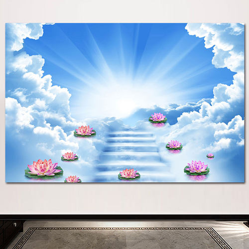 蓝天白云背景墙壁画天梯佛堂莲花招财挂画佛光普照玄关装饰自粘画
