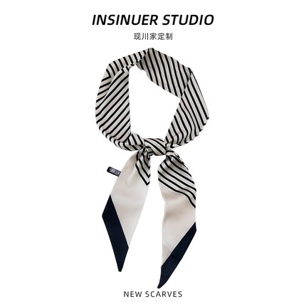 INSINUER【OL法式】条纹小丝巾长条方巾女百搭细窄衬衫长飘带绑包