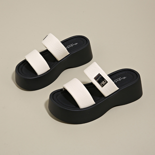 沙滩一字拖鞋 2025夏季 女外穿配裙子踩屎感法式 新款 松糕厚底凉拖鞋