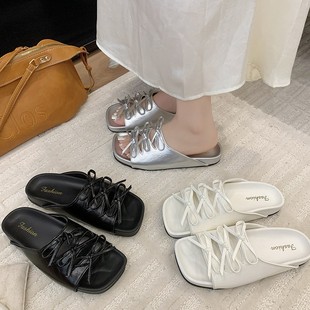 2025夏季 新款 蝴蝶结凉拖鞋 女外穿配裙子软底沙滩休闲方头一字拖鞋