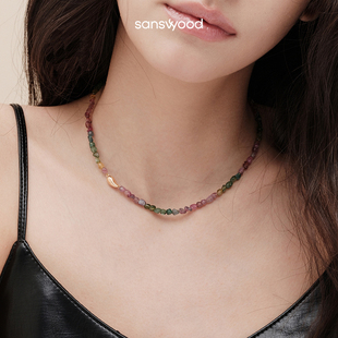 sanswood《溪源》天然彩色碧玺项链女 原创天然石串珠纯银锁骨链