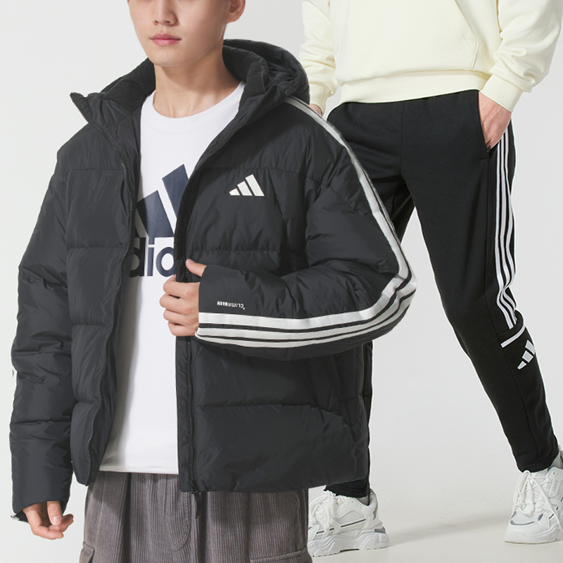 阿迪达斯运动套装男装冬季三条纹连帽羽绒服夹克加绒长裤休闲卫裤