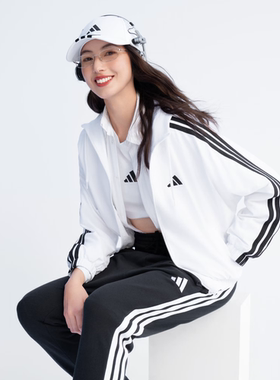阿迪达斯白色梭织外套女装2026春季健身训练运动服连帽夹克JZ2161