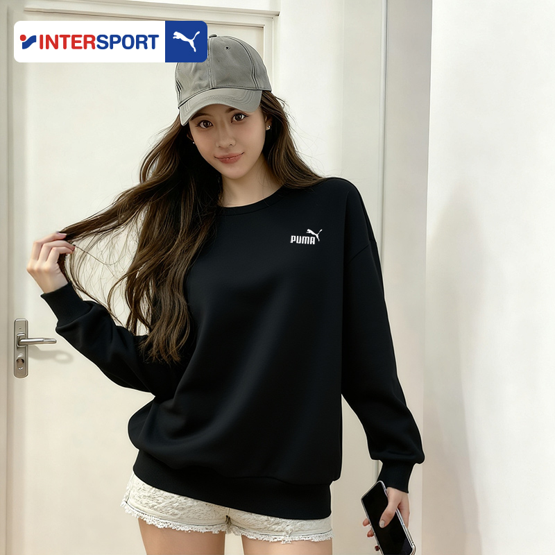 PUMA彪马黑色圆领卫衣女装2025秋冬新款运动服休闲加绒长袖套头衫