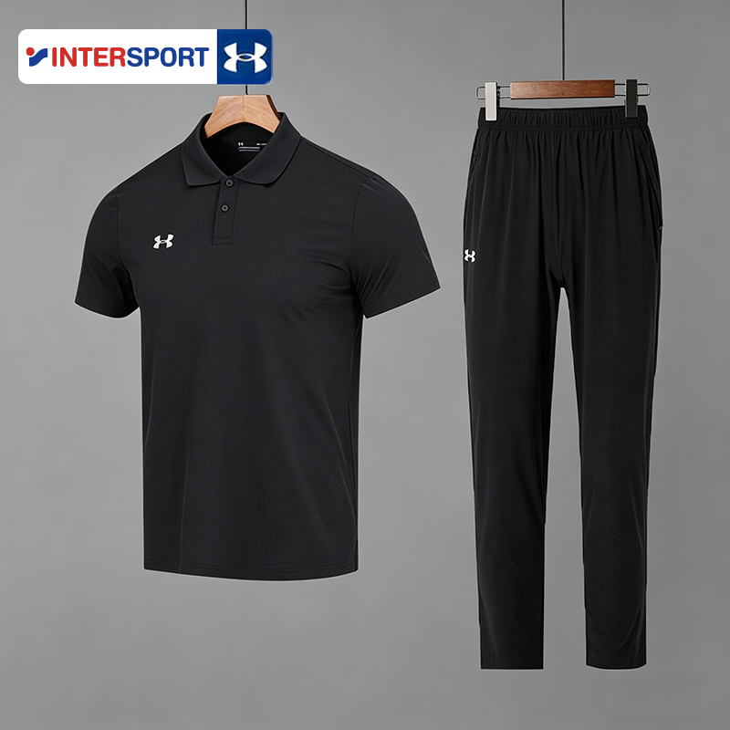 安德玛运动套装男士夏季新款健身跑步休闲黑色t恤短袖长裤运动服