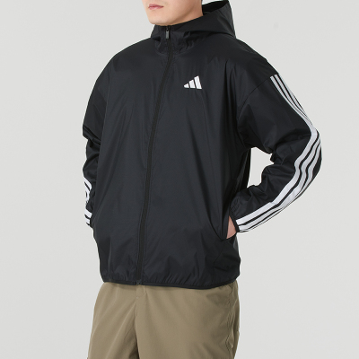 Adidas阿迪达斯男款外套25秋季新款连帽三条纹风衣运动服 IM7848