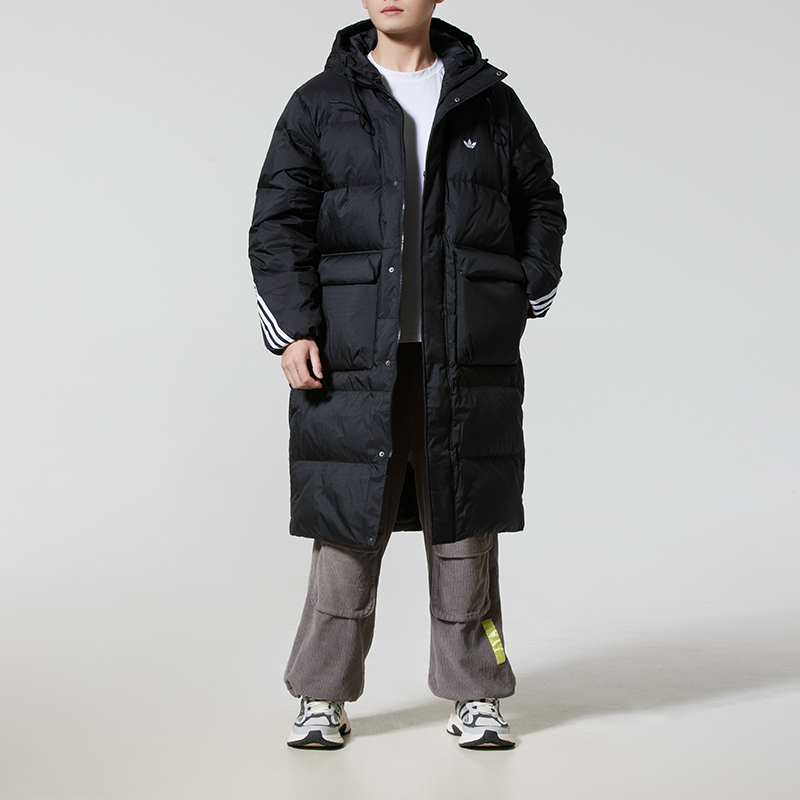 阿迪达斯三叶草男子黑色长款羽绒服25冬季新款运动休闲外套KC2564