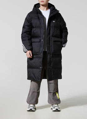 阿迪达斯三叶草男子黑色长款羽绒服25冬季新款运动休闲外套KC2564