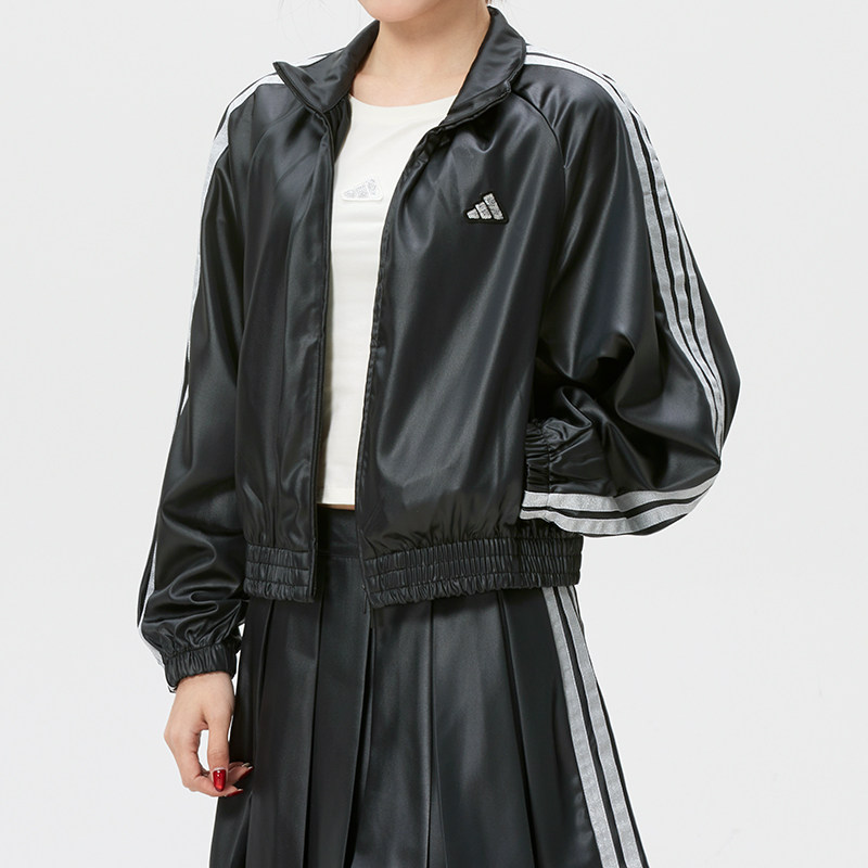 阿迪达斯外套女装春季新款运动服黑色立领上衣休闲仿皮夹克KS0039