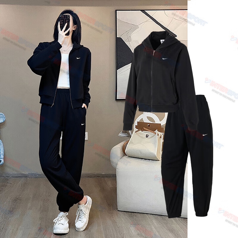 耐克女装运动套装新款休闲时尚小LOGO夹克外套宽松长裤卫裤两件套