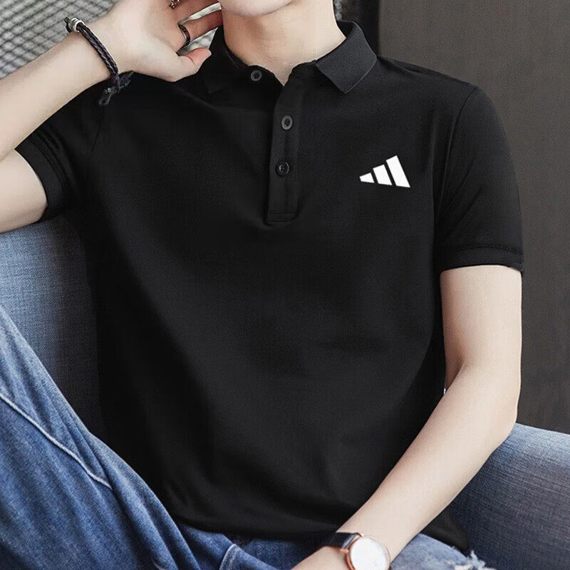 阿迪达斯短袖POLO衫男款半袖上衣夏季新款黑色翻领速干运动T恤男