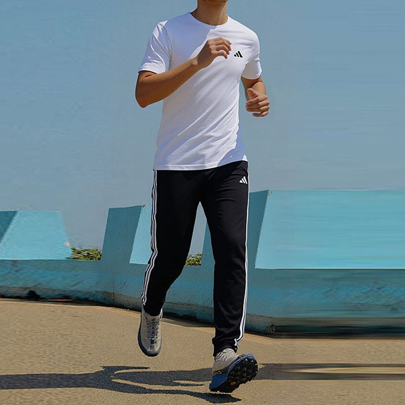 Adidas阿迪达斯运动套装男款跑步训练健身T恤短袖针织三条纹长裤