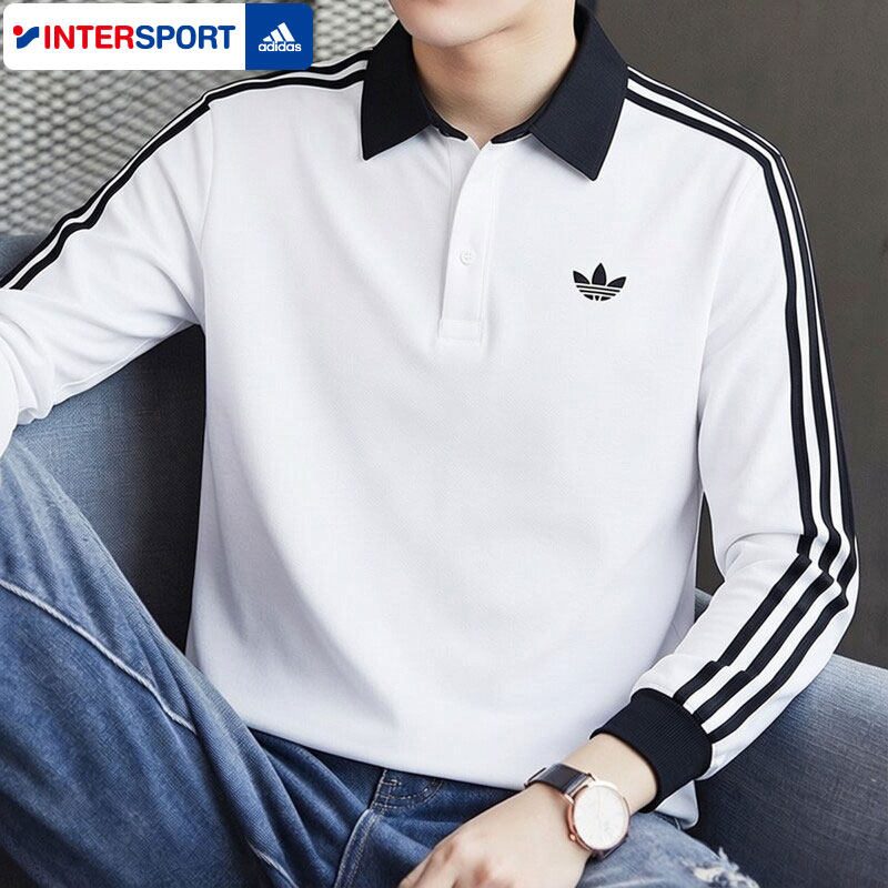 阿迪达斯三叶草长袖POLO衫男装春季新款白色运动服翻领上衣KE3575