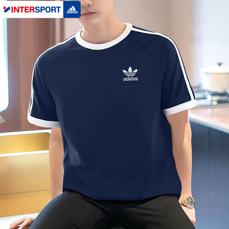 阿迪达斯三叶草蓝色短袖女夏季新款圆领半袖上衣男士纯棉运动T恤