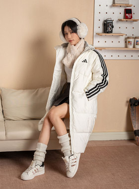 阿迪达斯长款羽绒服外套男女2026新款情侣白色连帽运动外套KC2497