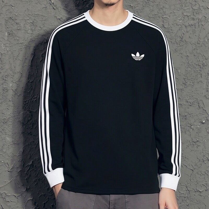 阿迪达斯三叶草长袖T恤男秋季新款运动服黑色纯棉上衣圆领打底衫