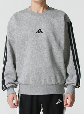 阿迪达斯正品加绒保暖卫衣男士2026冬季新款圆领灰色套头衫JE6308