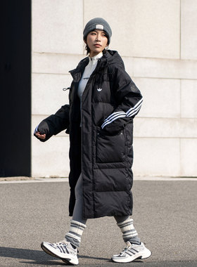 阿迪达斯三叶草长款羽绒服女装男装冬季新款黑色羽绒外套KC2564