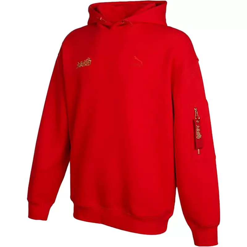 Puma彪马卫衣男装冬季新款运动跑步上衣红色休闲连帽套头衫621827