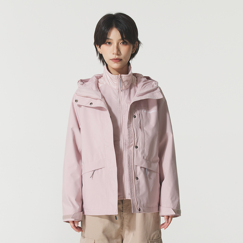 哥伦比亚粉色连帽冲锋衣女25冬季户外徒步登山三合一抓绒内胆外套
