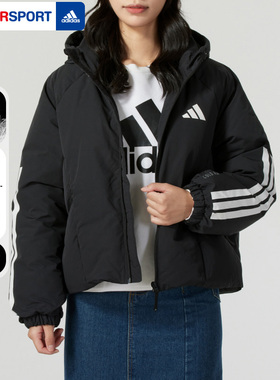 阿迪达斯短款羽绒服女2026冬季新款运动服黑色连帽鸭绒外套JG3866