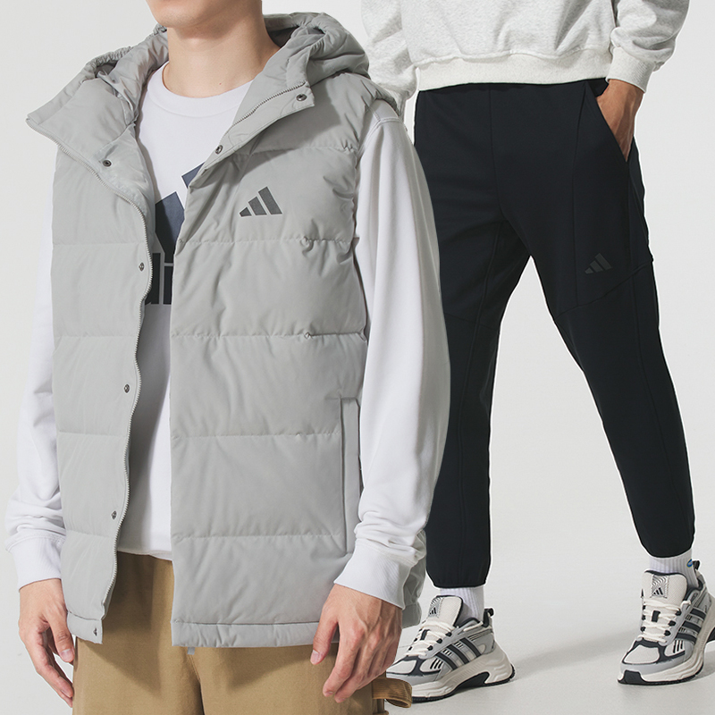 阿迪达斯运动套装男装2025冬季新款羽绒马甲背心针织裤子加绒长裤